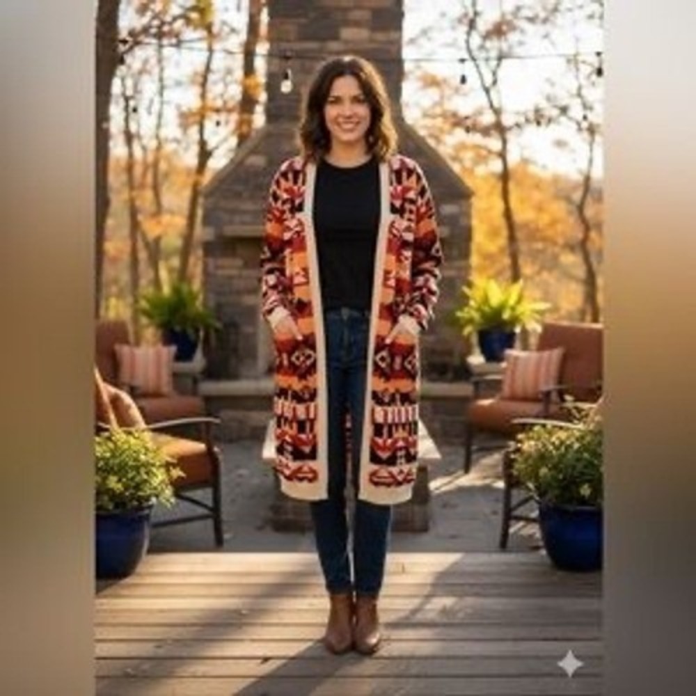 Danna Jane Geometric Print Longline Cardigan Sweater Orange Red Black Cream 2XL